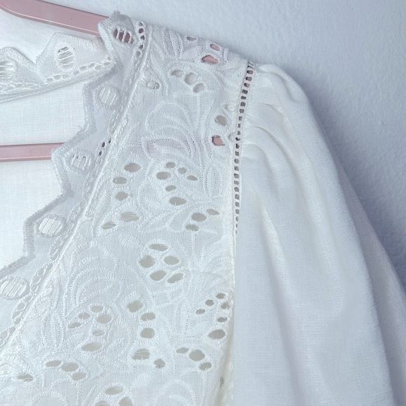 Calypso St. Barth White Eyelet Puff Sleeve Crop Cotton Blouse Tie Top Medium - Picture 6 of 10